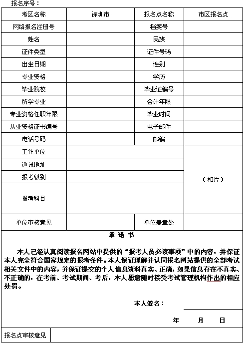 廣東深圳2015年初、中、高級會計師考試網(wǎng)上報名考生信息表