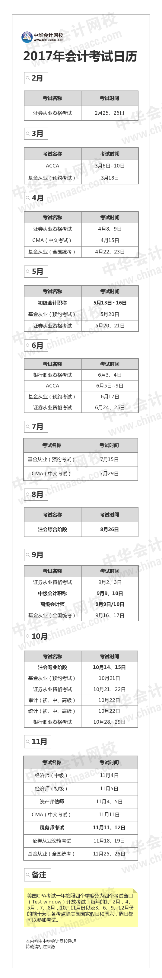 2017年財(cái)會(huì)類考試日歷