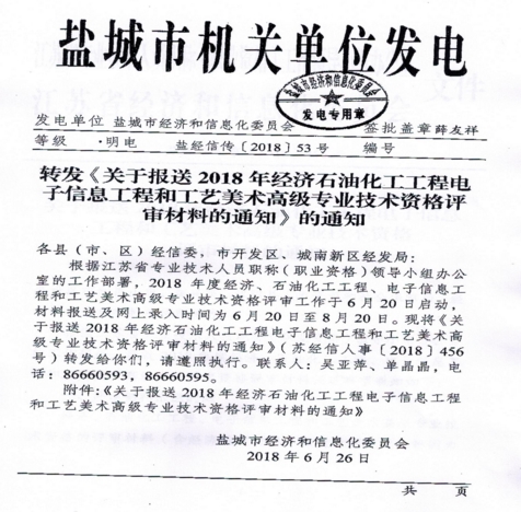 關(guān)于報送2018年經(jīng)濟(jì)、石油化工、工程電子信息、工程和工業(yè)、美術(shù)高級專業(yè)技術(shù)資格評審材料的通知