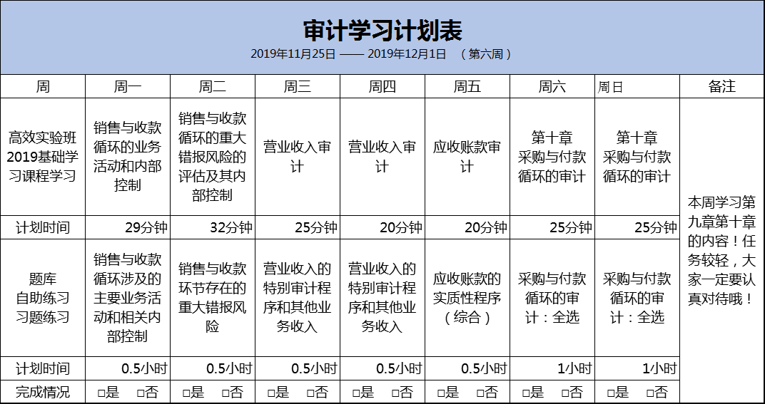 審計預(yù)習(xí)計劃表