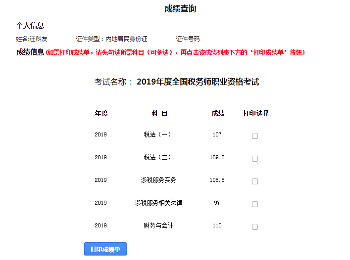 2019稅務(wù)師一次過五科高分學(xué)員成績單8