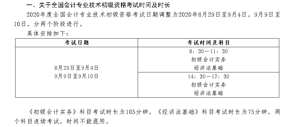 2020年初級會計考試時間