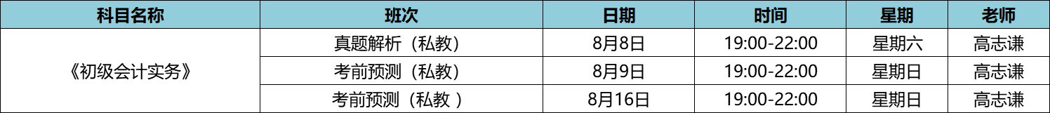 初級會計實務-私教直播班8月課表