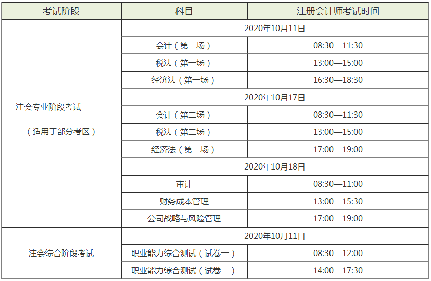 廣東2020年cpa考試時間是什么時候？