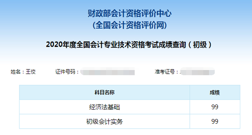 初級(jí)會(huì)計(jì)考試成績單