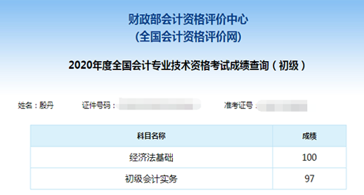 初級(jí)會(huì)計(jì)考試成績單