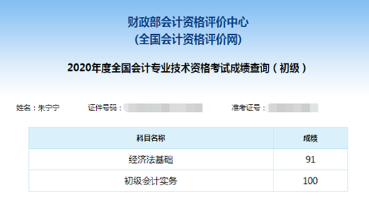 初級(jí)會(huì)計(jì)考試成績單