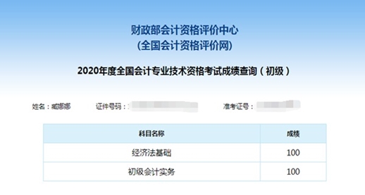 初級(jí)會(huì)計(jì)考試成績單