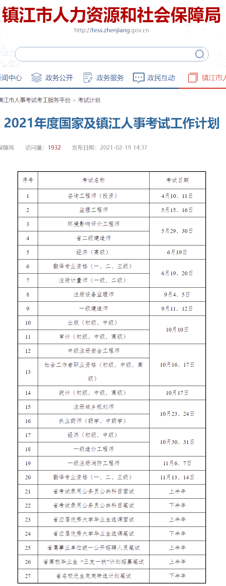 2021年度國家及鎮(zhèn)江人事考試工作計(jì)劃