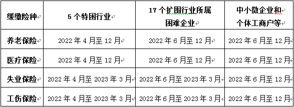 各險(xiǎn)種申請(qǐng)緩繳社會(huì)保險(xiǎn)費(fèi)政策實(shí)施期限（所屬期）