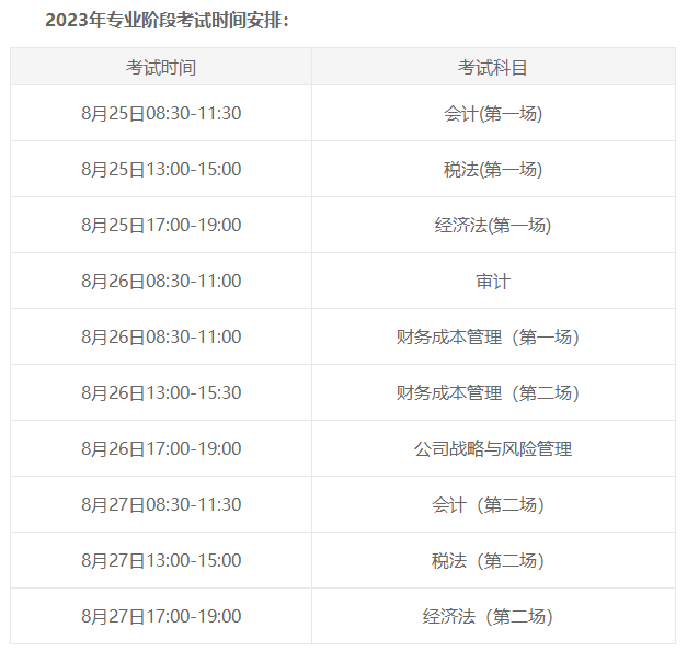 專業(yè)階段考試時(shí)間安排