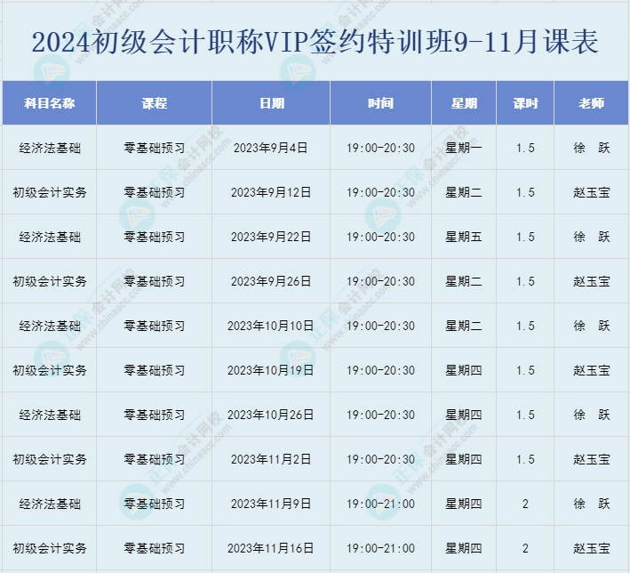 2024初級會計(jì)職稱VIP簽約特訓(xùn)班9-11月直播課表