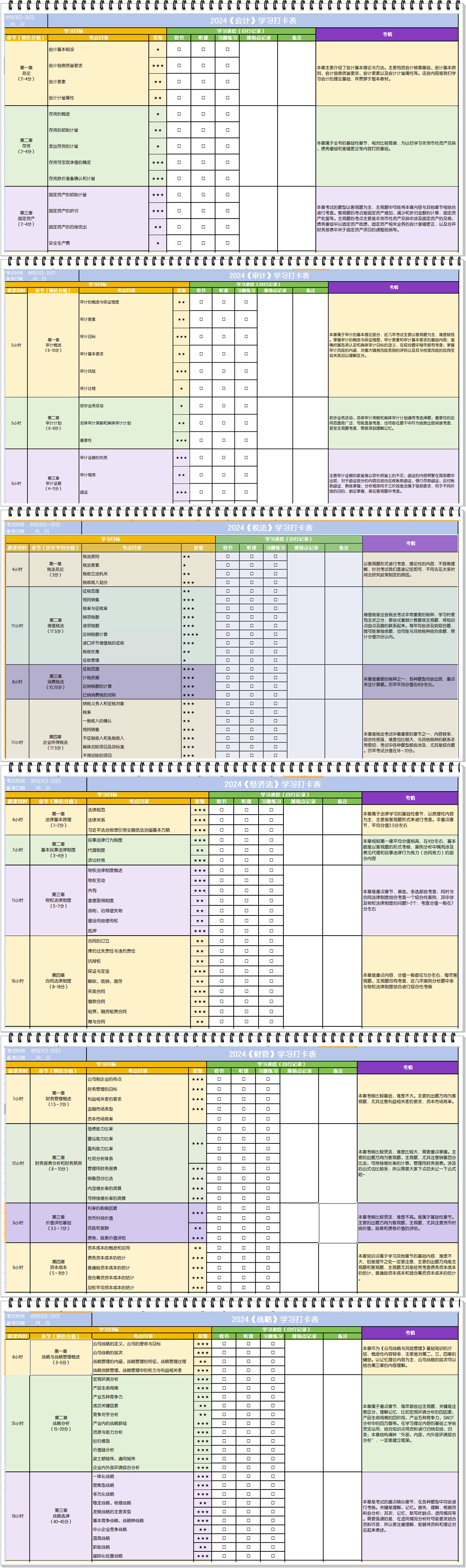 注會預(yù)習(xí)階段打卡表