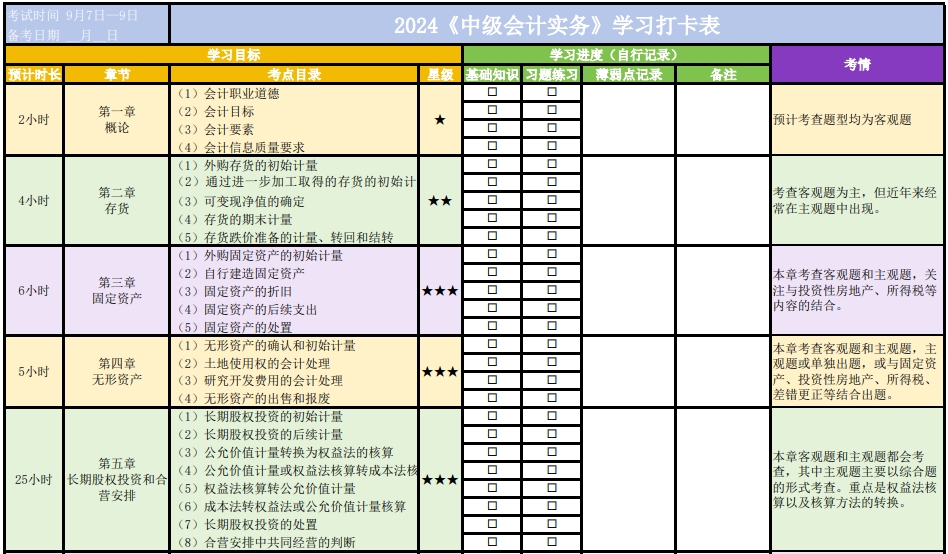 自律必備！2024年中級(jí)會(huì)計(jì)職稱學(xué)習(xí)打卡表 一鍵下載！